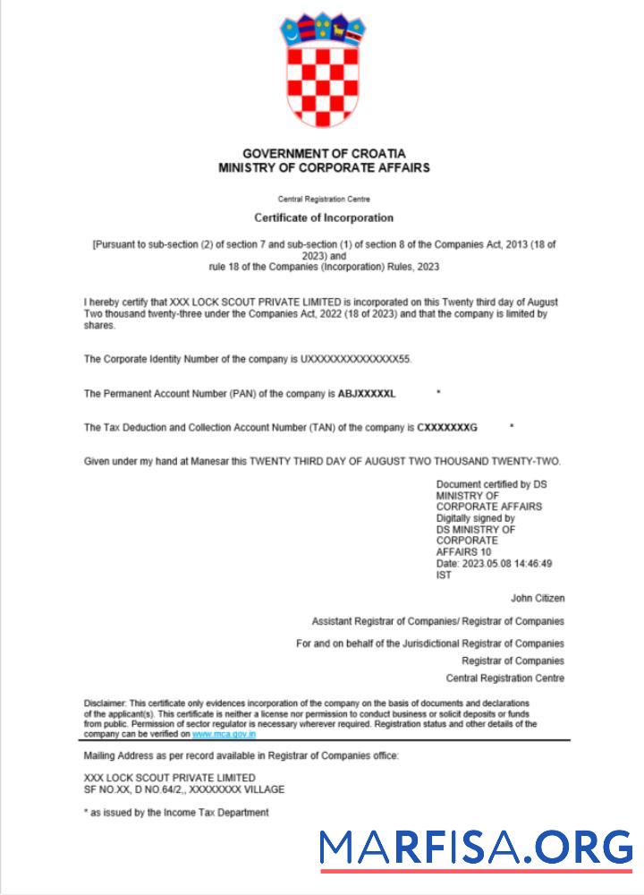 Realistic Croatia certificate of registration Word and PDF template